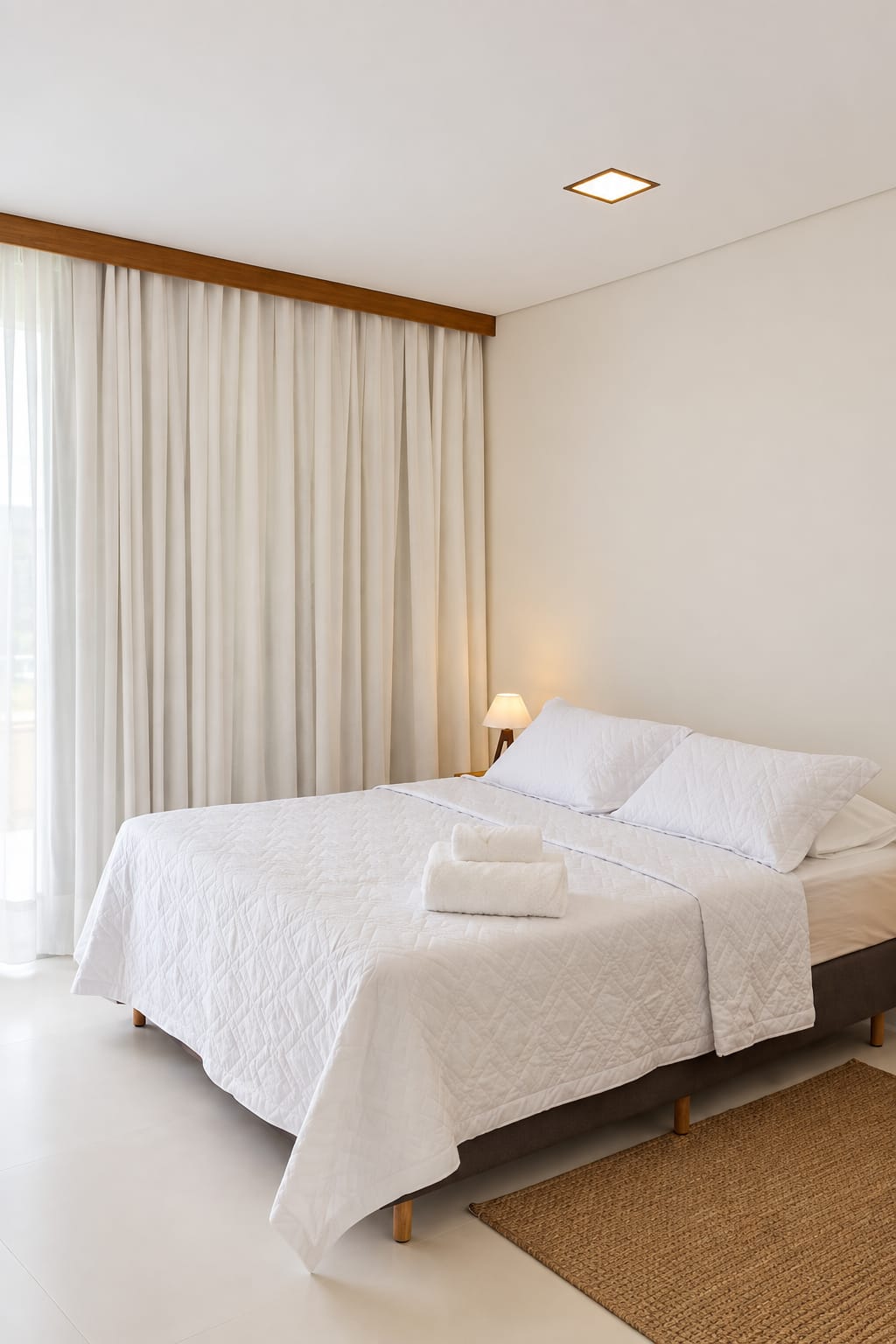 Essencial: cama de casal com cortinas e luz natural