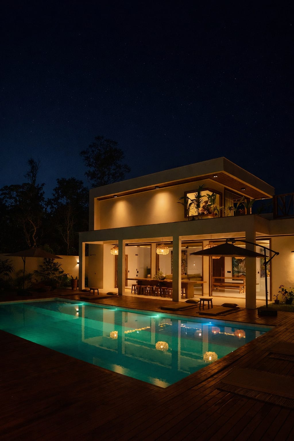 Vista noturna da piscina da Vila Maremangue sob as estrelas